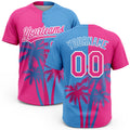 Custom Pink Light Blue-White 3D Pattern Hawaii Coconut Trees Two-Button Unisex Softball Jersey