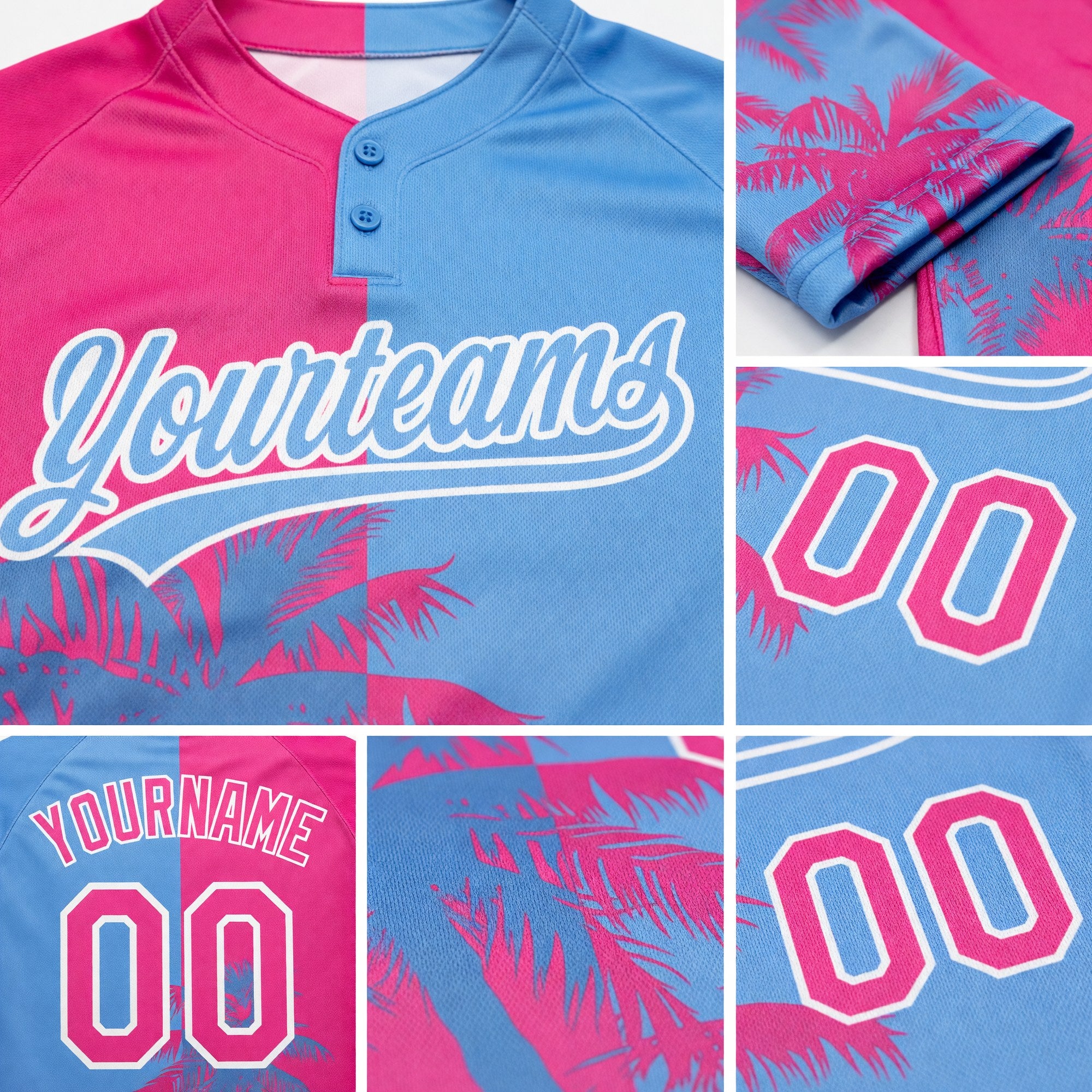 Custom Pink Light Blue-White 3D Pattern Hawaii Coconut Trees Two-Button Unisex Softball Jersey detail
