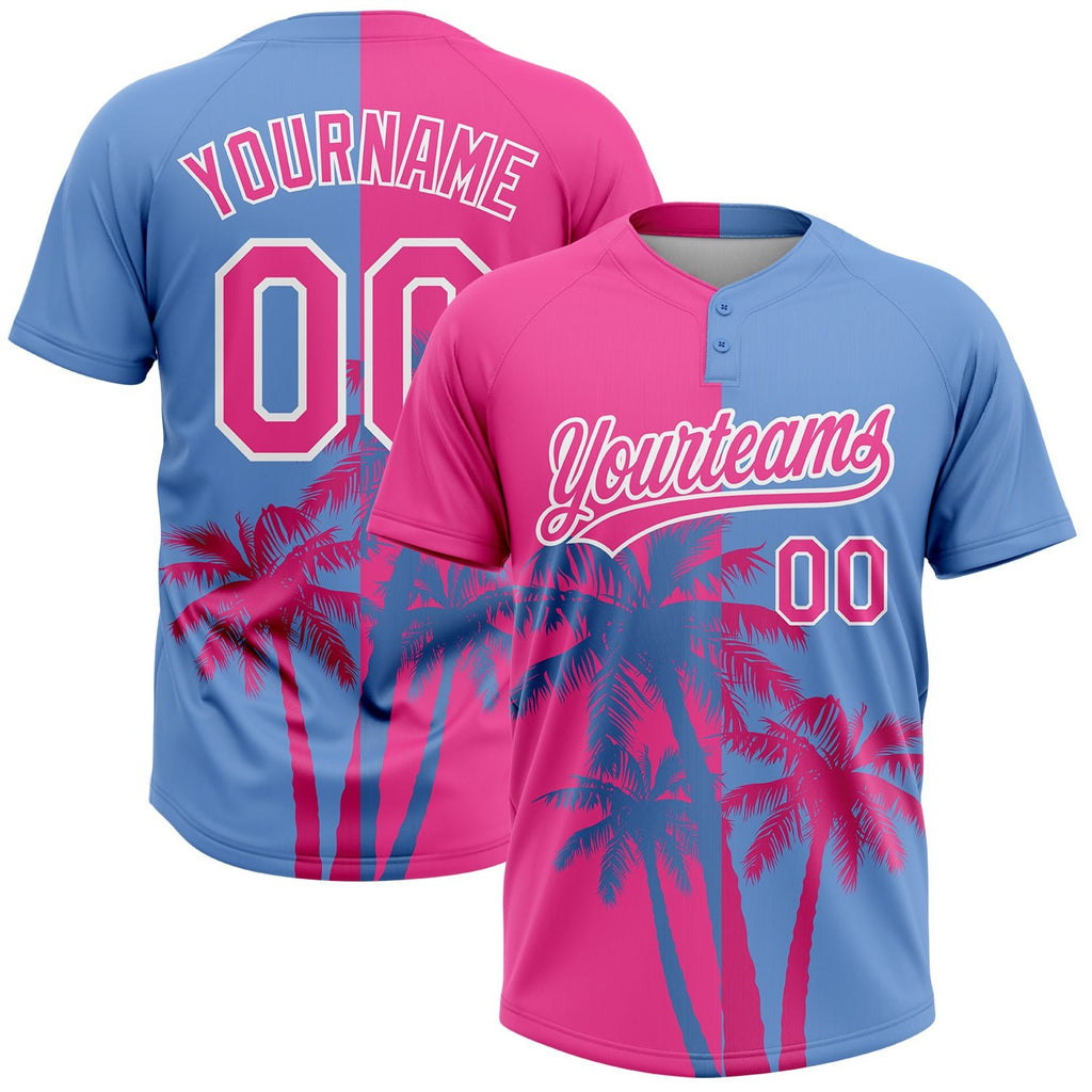 Custom Pink Light Blue-White 3D Pattern Hawaii Coconut Trees Two-Button Unisex Softball Jersey photo 1