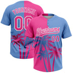 Custom Pink Light Blue-White 3D Pattern Hawaii Coconut Trees Two-Button Unisex Softball Jersey photo 1