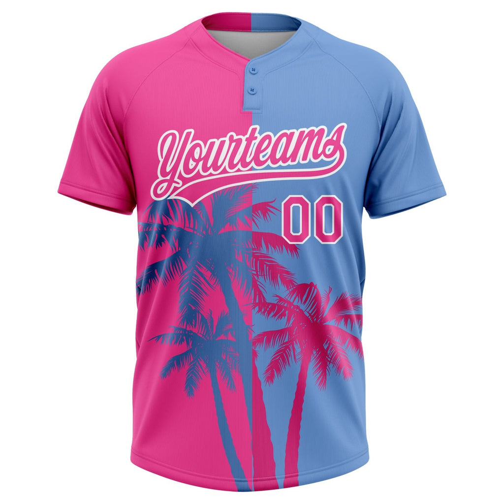 Custom Pink Light Blue-White 3D Pattern Hawaii Coconut Trees Two-Button Unisex Softball Jersey photo 2