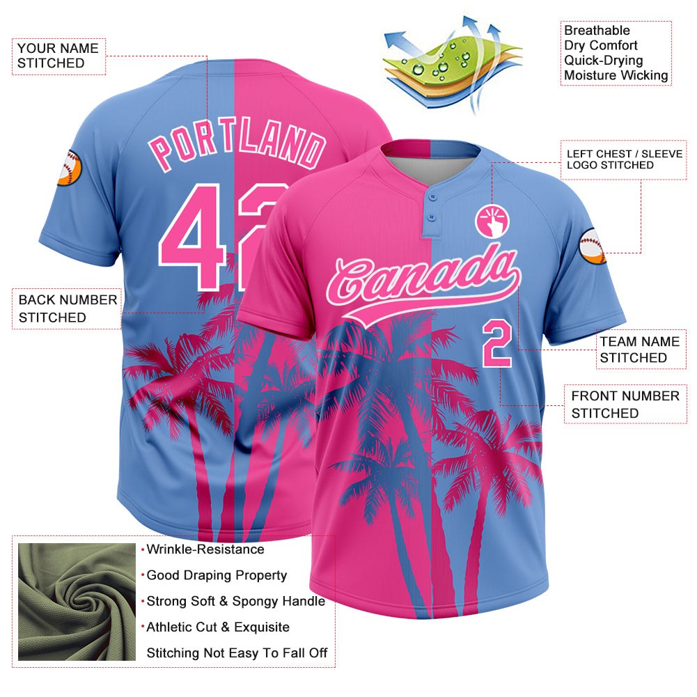 Custom Pink Light Blue-White 3D Pattern Hawaii Coconut Trees Two-Button Unisex Softball Jersey photo 3