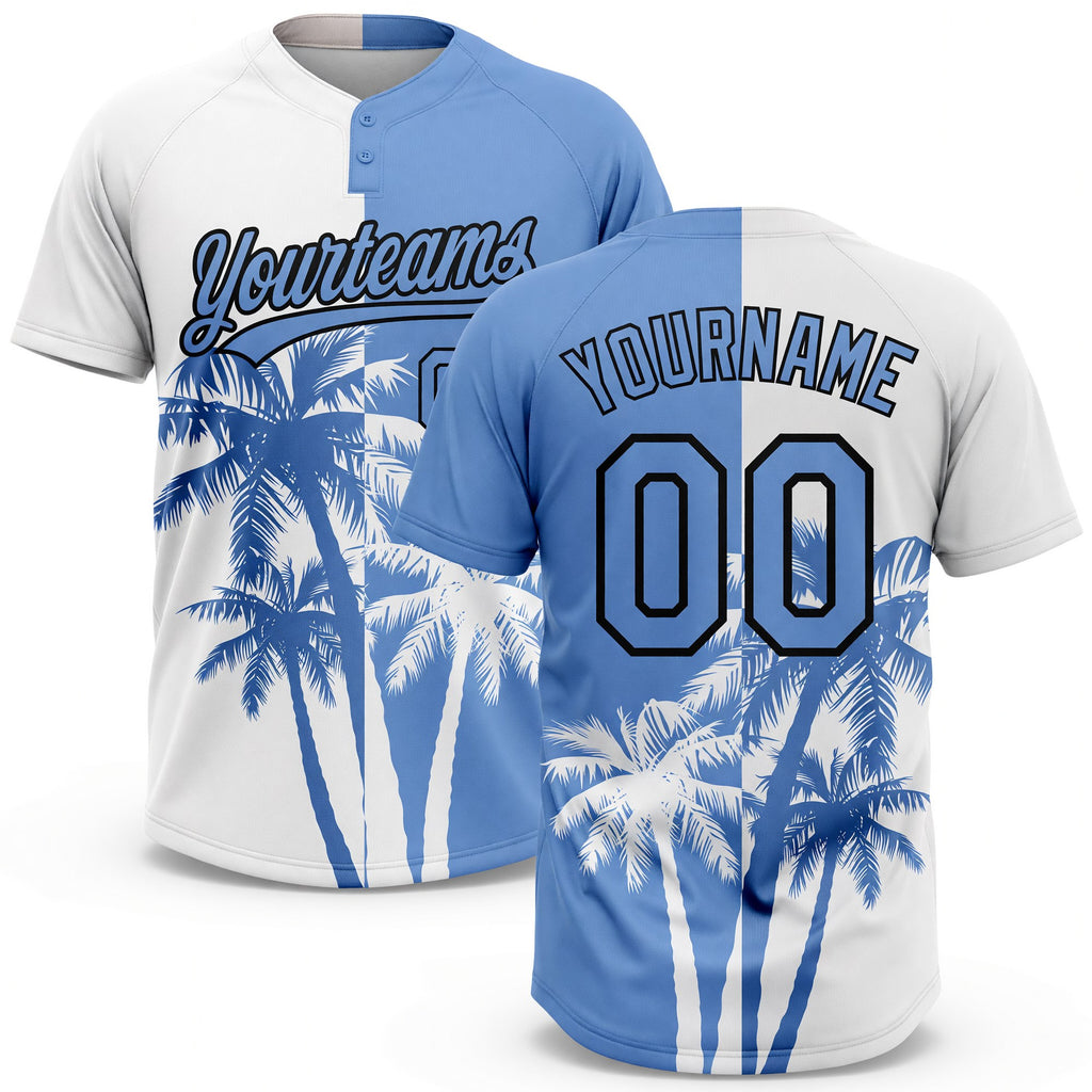 Custom White Light Blue-Black 3D Pattern Hawaii Coconut Trees Two-Button Unisex Softball Jersey
