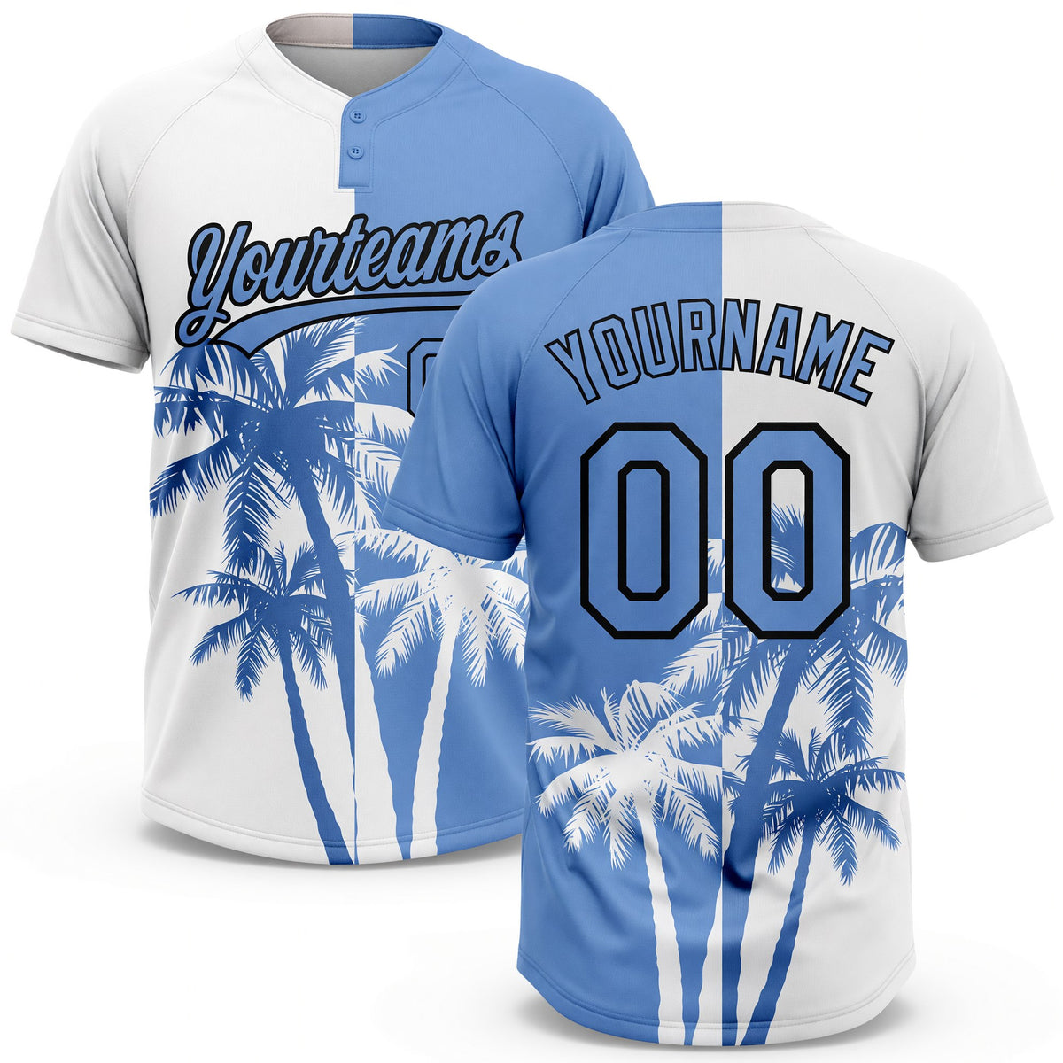 Custom White Light Blue-Black 3D Pattern Hawaii Coconut Trees Two-Button Unisex Softball Jersey