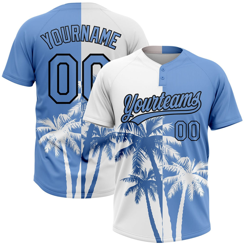 Custom White Light Blue-Black 3D Pattern Hawaii Coconut Trees Two-Button Unisex Softball Jersey photo 1