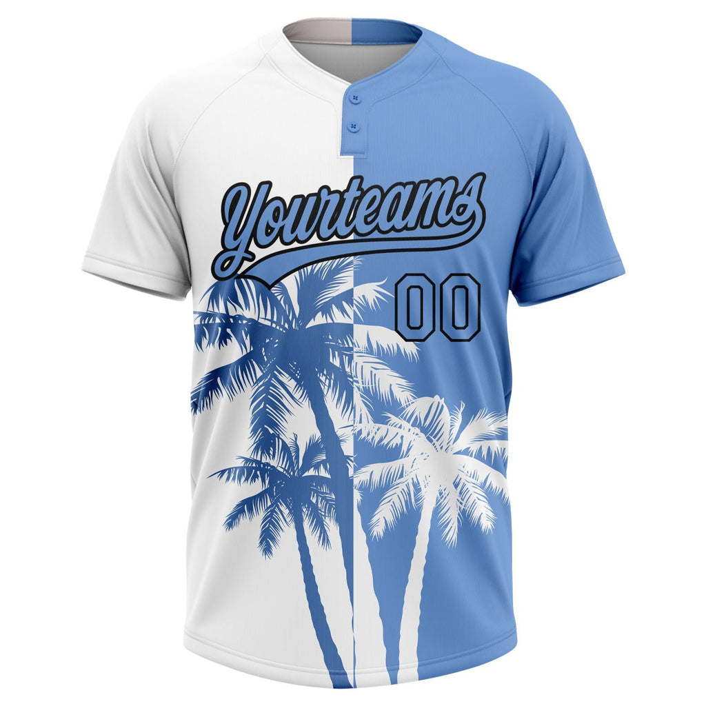 Custom White Light Blue-Black 3D Pattern Hawaii Coconut Trees Two-Button Unisex Softball Jersey photo 2