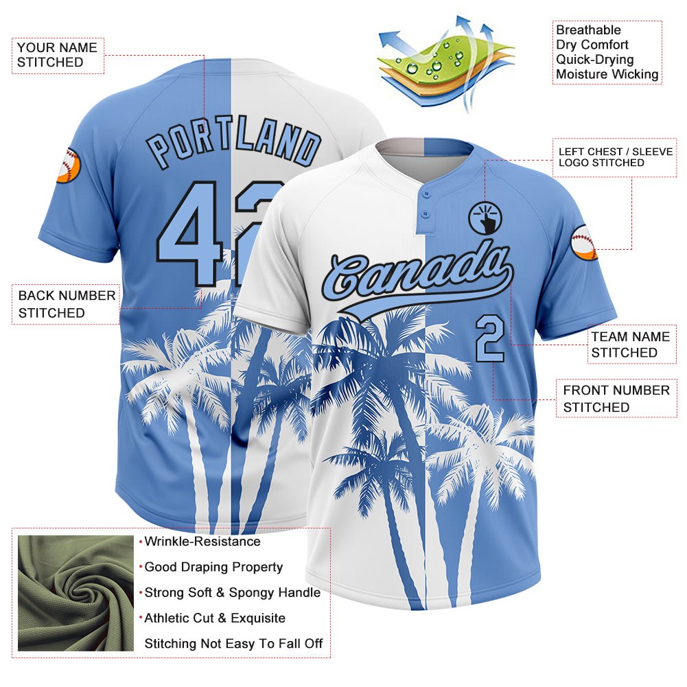 Custom White Light Blue-Black 3D Pattern Hawaii Coconut Trees Two-Button Unisex Softball Jersey photo 3
