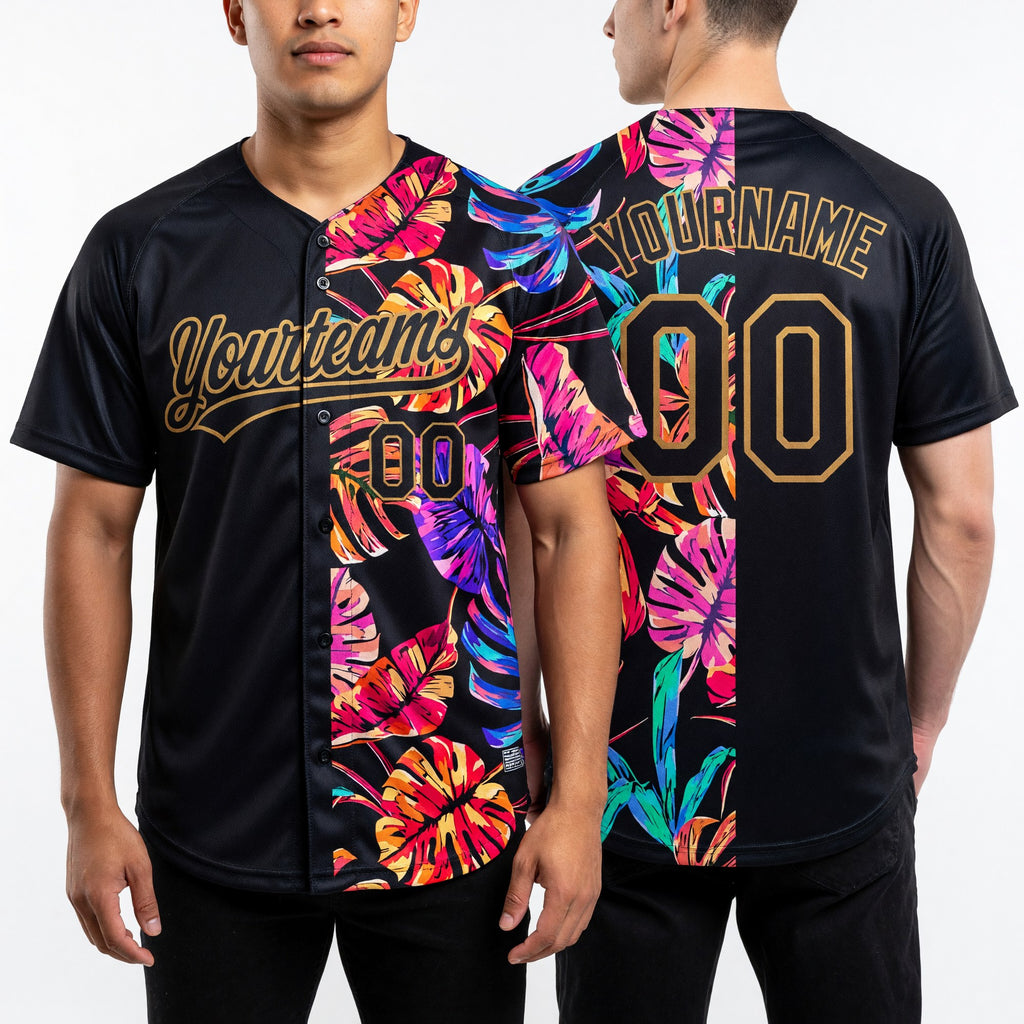 Custom Black Old Gold 3D Pattern Hawaii Tropical Palm Leaves Two-Button Unisex Softball Jersey worn front and back