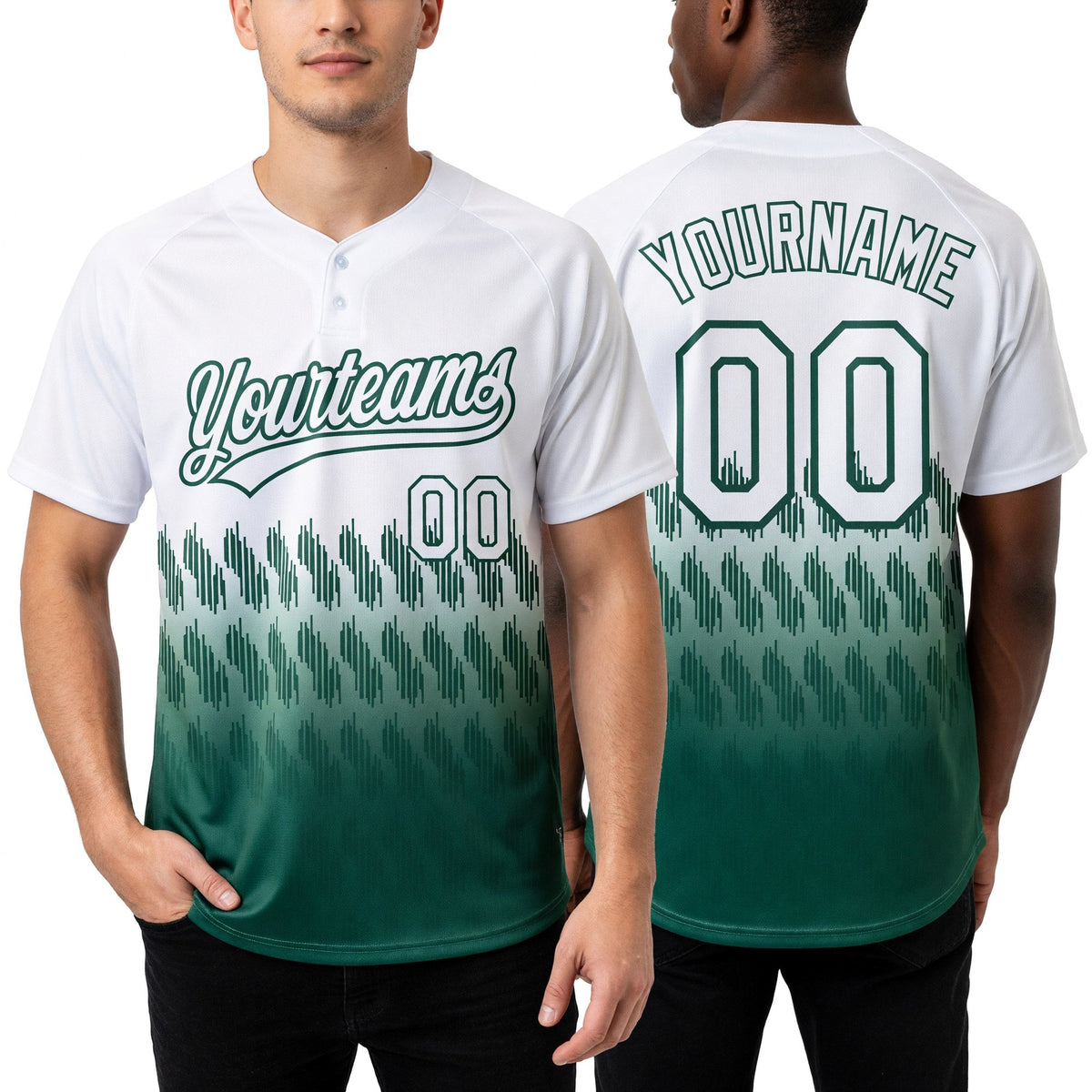 Custom White Kelly Green 3D Pattern Lines Two-Button Unisex Softball Jersey worn front and back