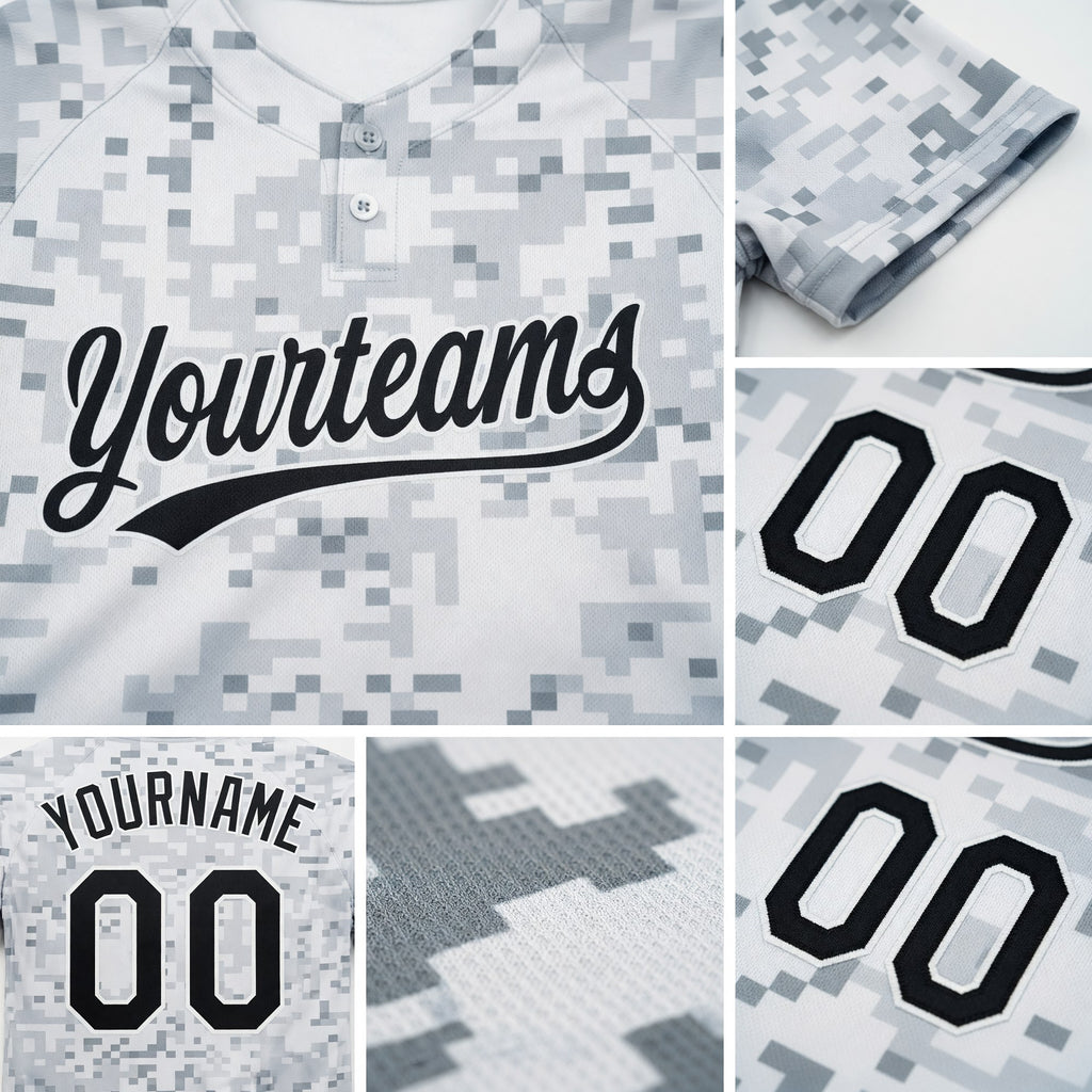 Custom Camo Black-White 3D Arctic Camouflage Two-Button Unisex Softball Jersey detail