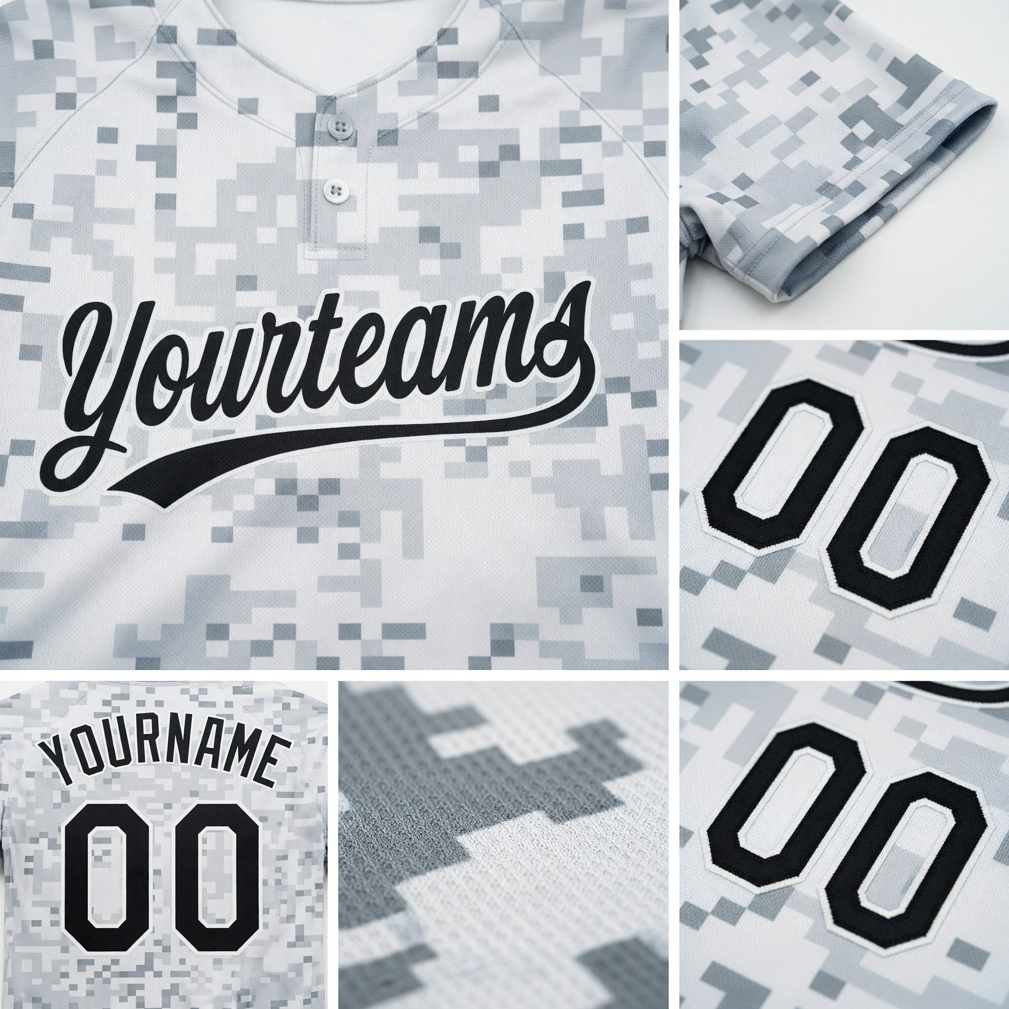 Custom Camo Black-White 3D Arctic Camouflage Two-Button Unisex Softball Jersey detail
