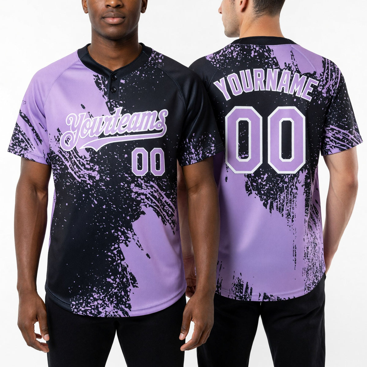 Custom Light Purple Black-White 3D Pattern Abstract Brush Stroke Two-Button Unisex Softball Jersey worn front and back