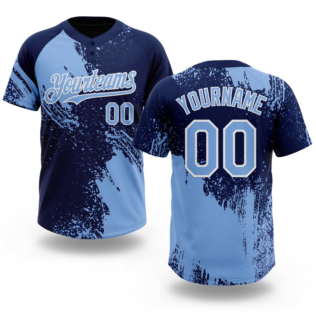 Custom Light Blue Navy-White 3D Pattern Abstract Brush Stroke Two-Button Unisex Softball Jersey