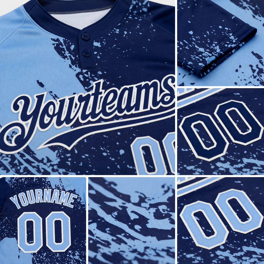 Custom Light Blue Navy-White 3D Pattern Abstract Brush Stroke Two-Button Unisex Softball Jersey detail