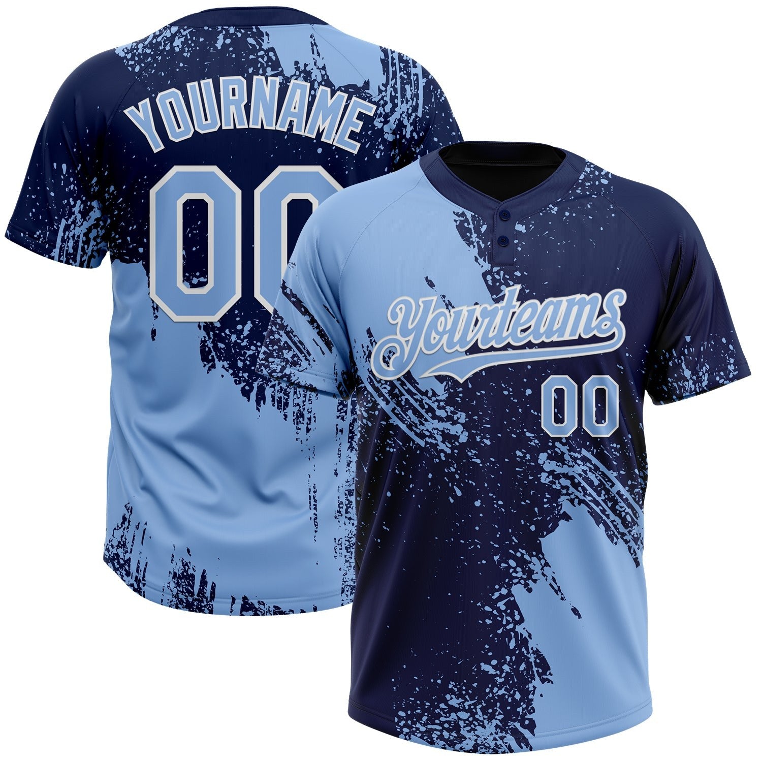 Custom Light Blue Navy-White 3D Pattern Abstract Brush Stroke Two-Button Unisex Softball Jersey photo 1