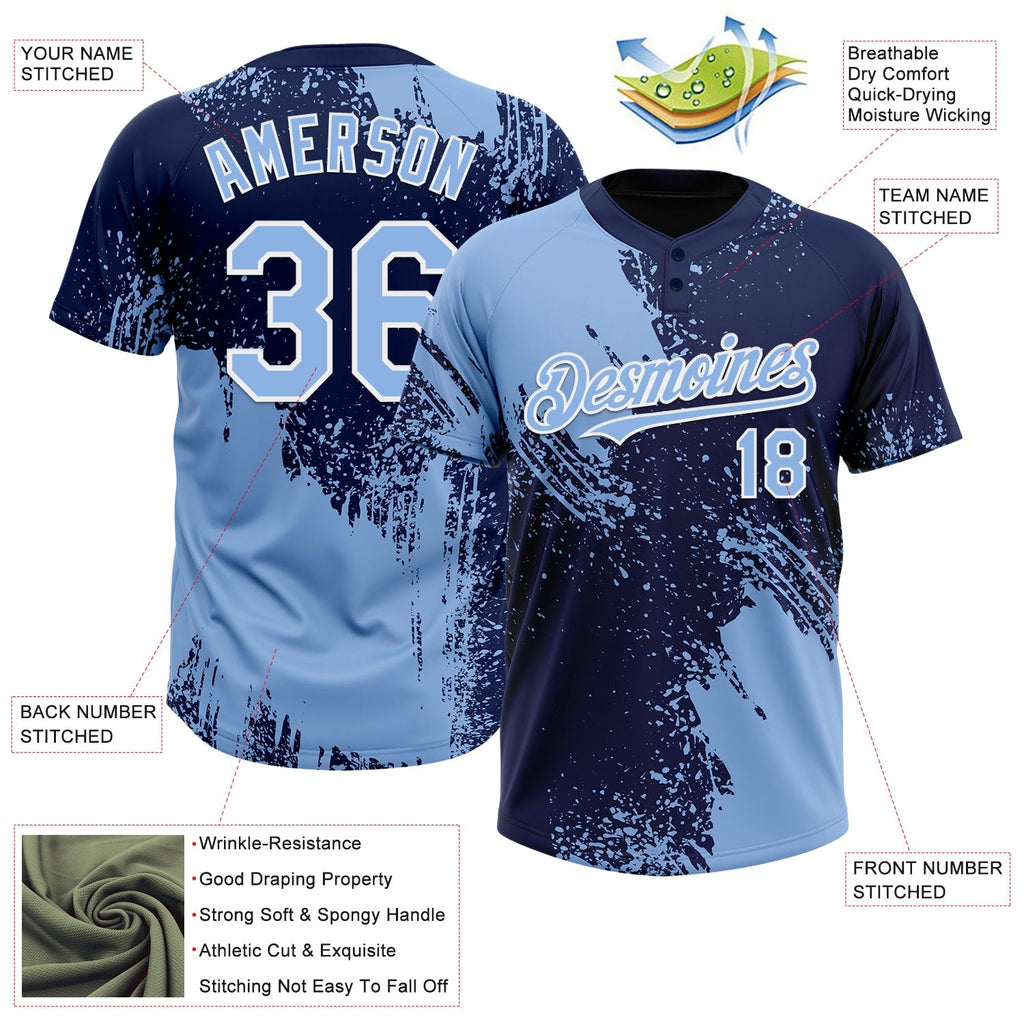 Custom Light Blue Navy-White 3D Pattern Abstract Brush Stroke Two-Button Unisex Softball Jersey photo 3