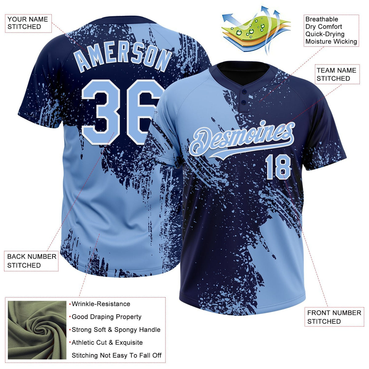 Custom Light Blue Navy-White 3D Pattern Abstract Brush Stroke Two-Button Unisex Softball Jersey photo 3