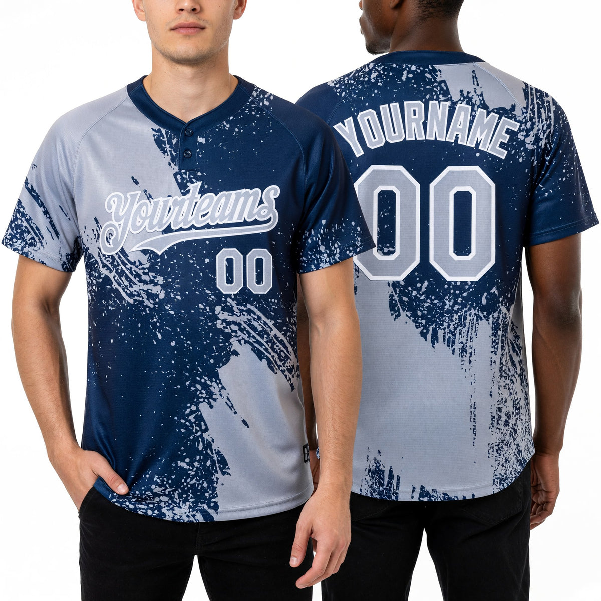 Custom Gray Navy-White 3D Pattern Abstract Brush Stroke Two-Button Unisex Softball Jersey worn front and back
