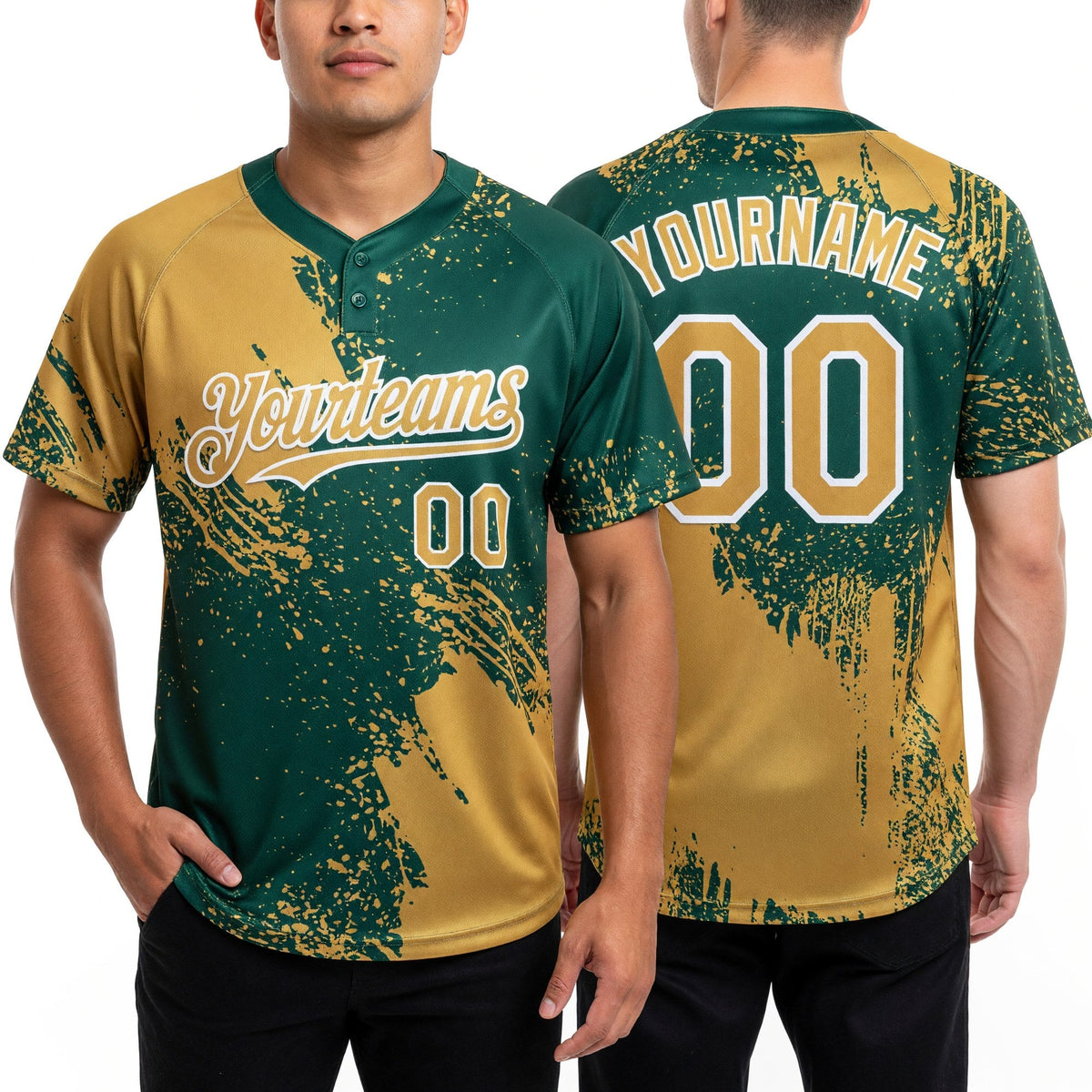 Custom Old Gold Green-White 3D Pattern Abstract Brush Stroke Two-Button Unisex Softball Jersey worn front and back
