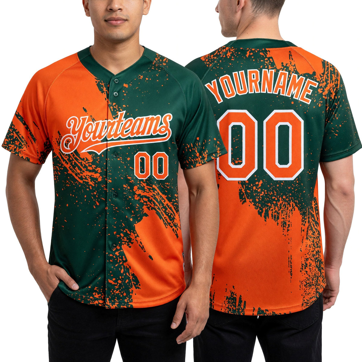 Custom Orange Green-White 3D Pattern Abstract Brush Stroke Two-Button Unisex Softball Jersey worn front and back