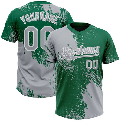 Custom Gray Abstract Brush Stroke Two Button Softball Jersey with Kelly Green and White Lettering
