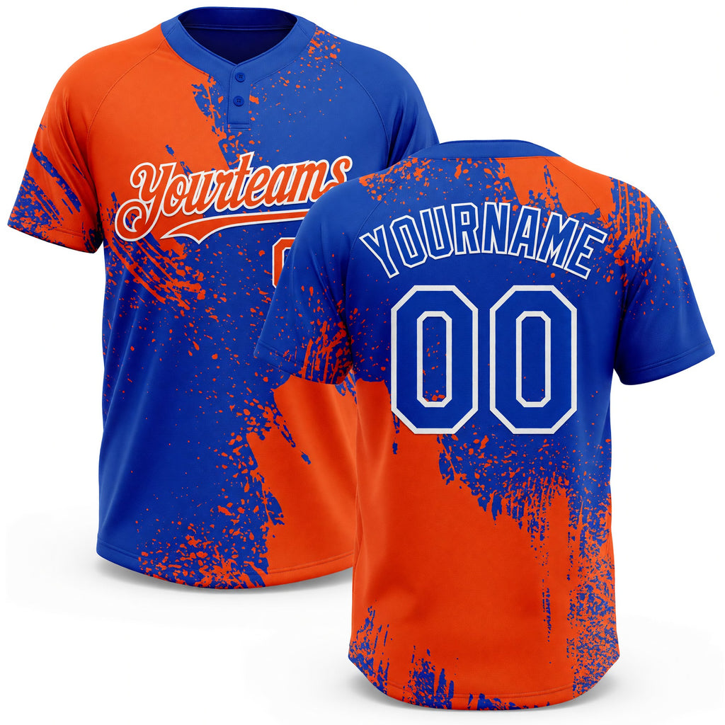 Custom Orange Thunder Blue-White 3D Pattern Abstract Brush Stroke Two-Button Unisex Softball Jersey