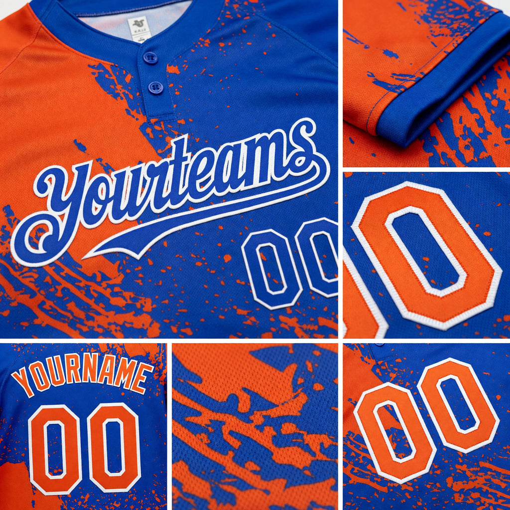 Custom Orange Thunder Blue-White 3D Pattern Abstract Brush Stroke Two-Button Unisex Softball Jersey detail