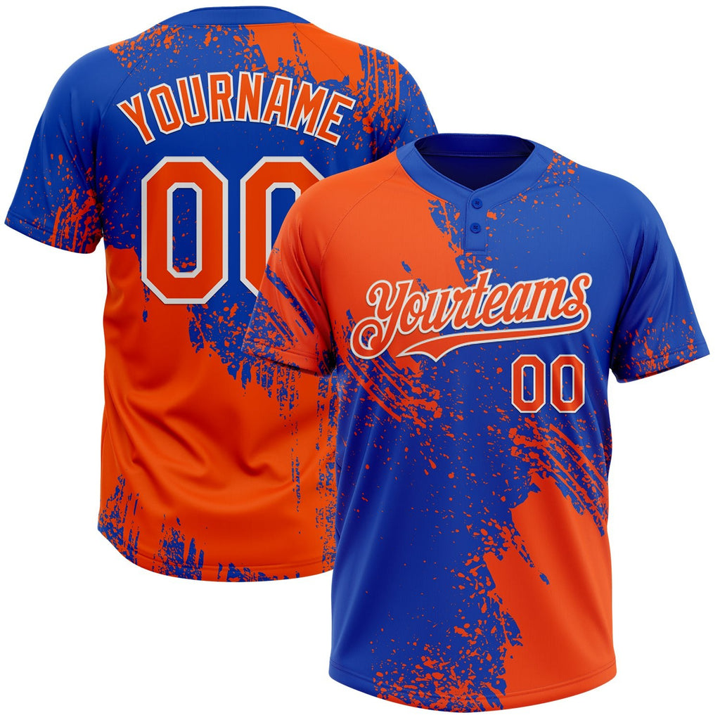 Custom Orange Thunder Blue-White 3D Pattern Abstract Brush Stroke Two-Button Unisex Softball Jersey photo 1