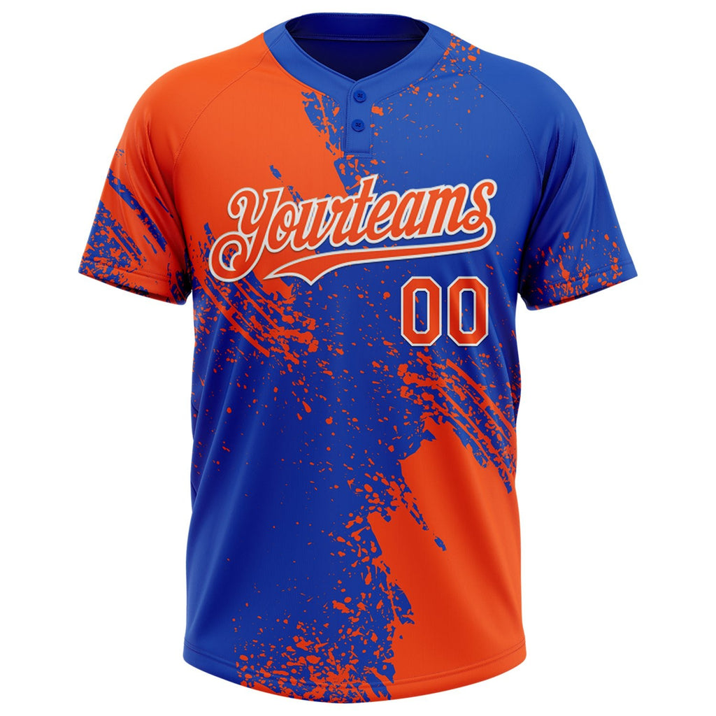Custom Orange Thunder Blue-White 3D Pattern Abstract Brush Stroke Two-Button Unisex Softball Jersey photo 2