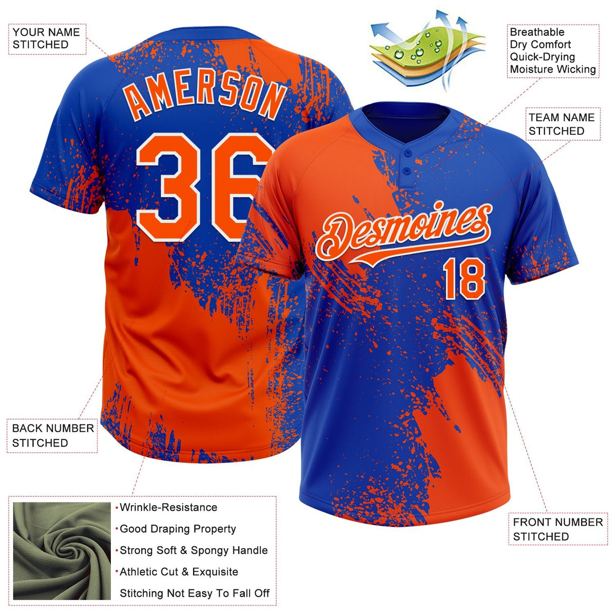 Custom Orange Thunder Blue-White 3D Pattern Abstract Brush Stroke Two-Button Unisex Softball Jersey photo 3