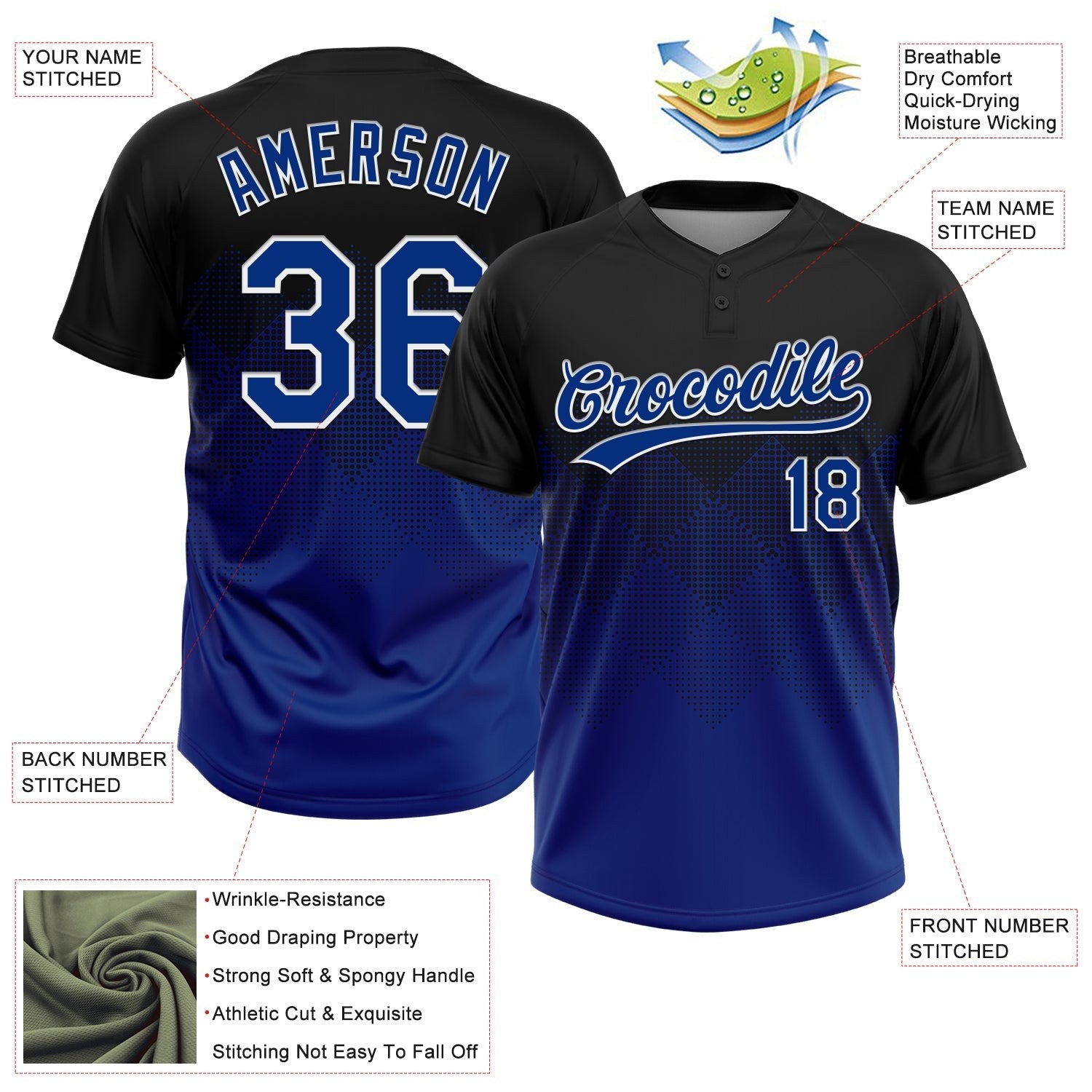 Custom Black Royal-White 3D Gradient Square Shape Two-Button Unisex Softball Jersey photo 3