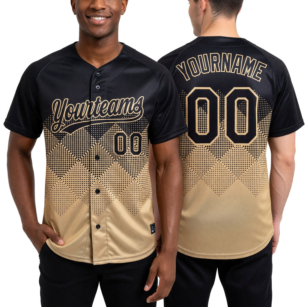 Custom Black Vegas Gold 3D Gradient Square Shape Two-Button Unisex Softball Jersey worn front and back