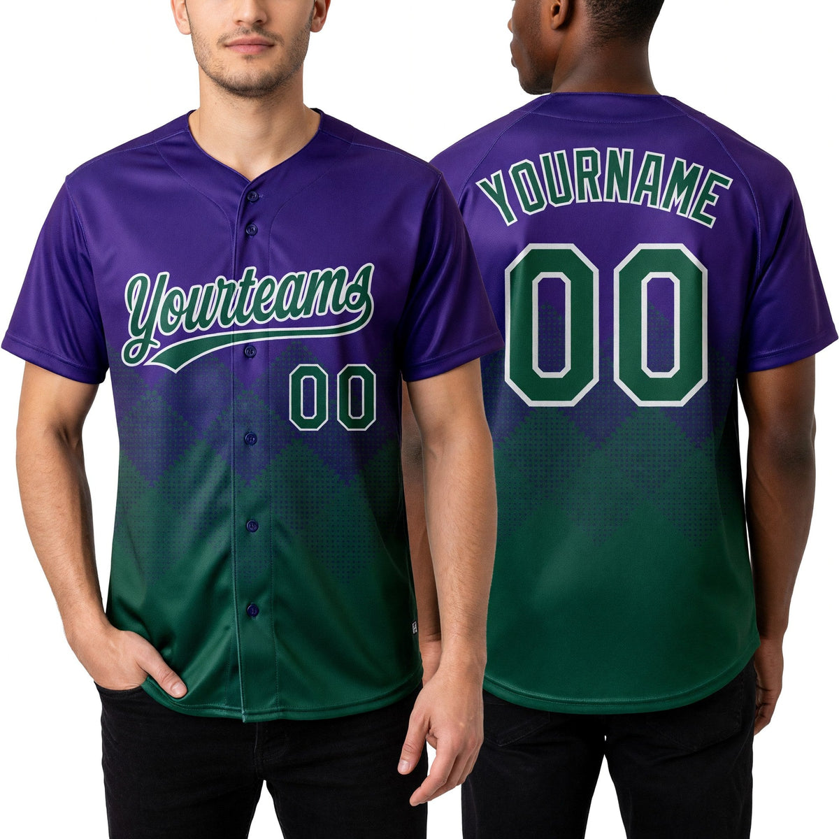 Custom Purple Kelly Green-White 3D Gradient Square Shape Two-Button Unisex Softball Jersey worn front and back