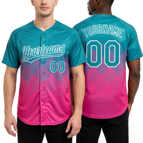 Custom Aqua Pink-White 3D Gradient Square Shape Two-Button Unisex Softball Jersey worn front and back