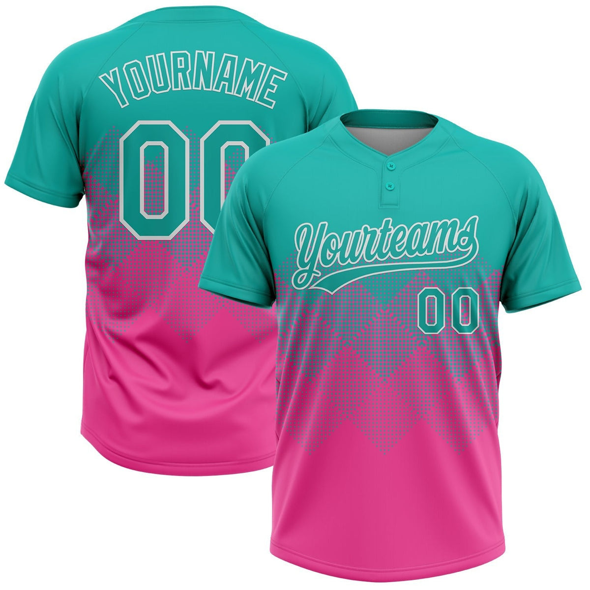Custom Aqua Pink-White 3D Gradient Square Shape Two-Button Unisex Softball Jersey