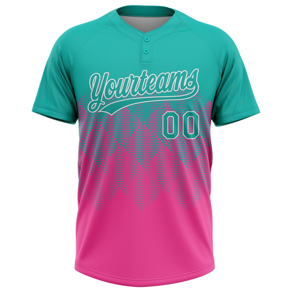 Custom Aqua Pink-White 3D Gradient Square Shape Two-Button Unisex Softball Jersey photo 2