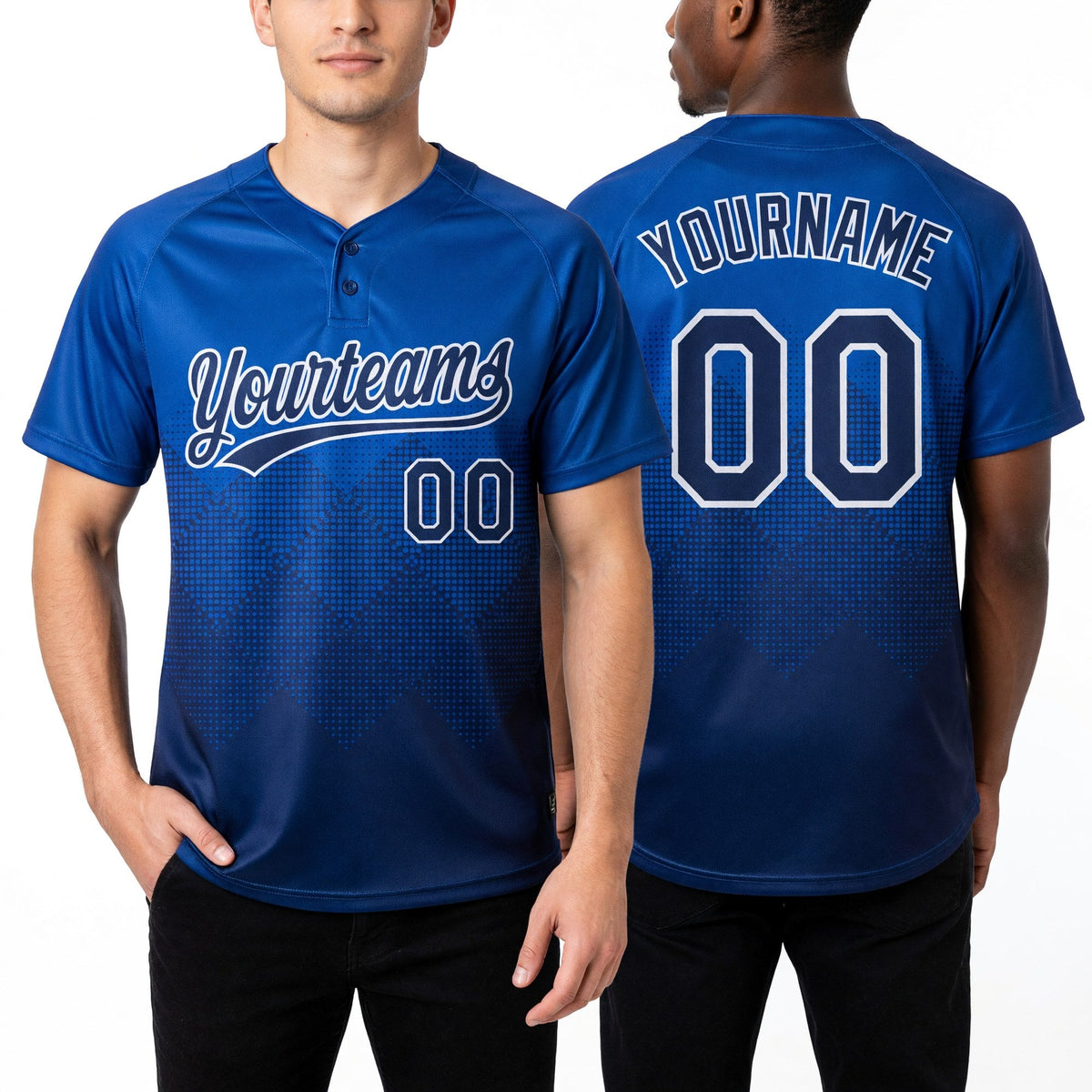 Custom Thunder Blue Navy-White 3D Gradient Square Shape Two-Button Unisex Softball Jersey worn front and back