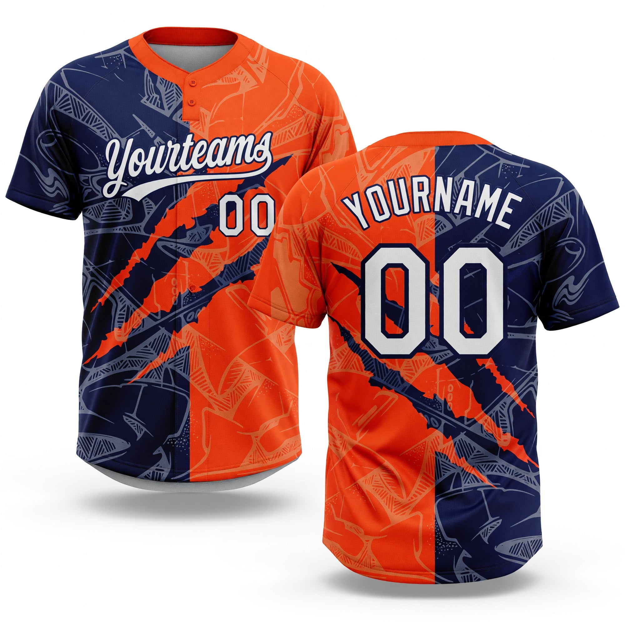 Custom Graffiti Pattern White Orange-Navy 3D Scratch Two-Button Unisex Softball Jersey