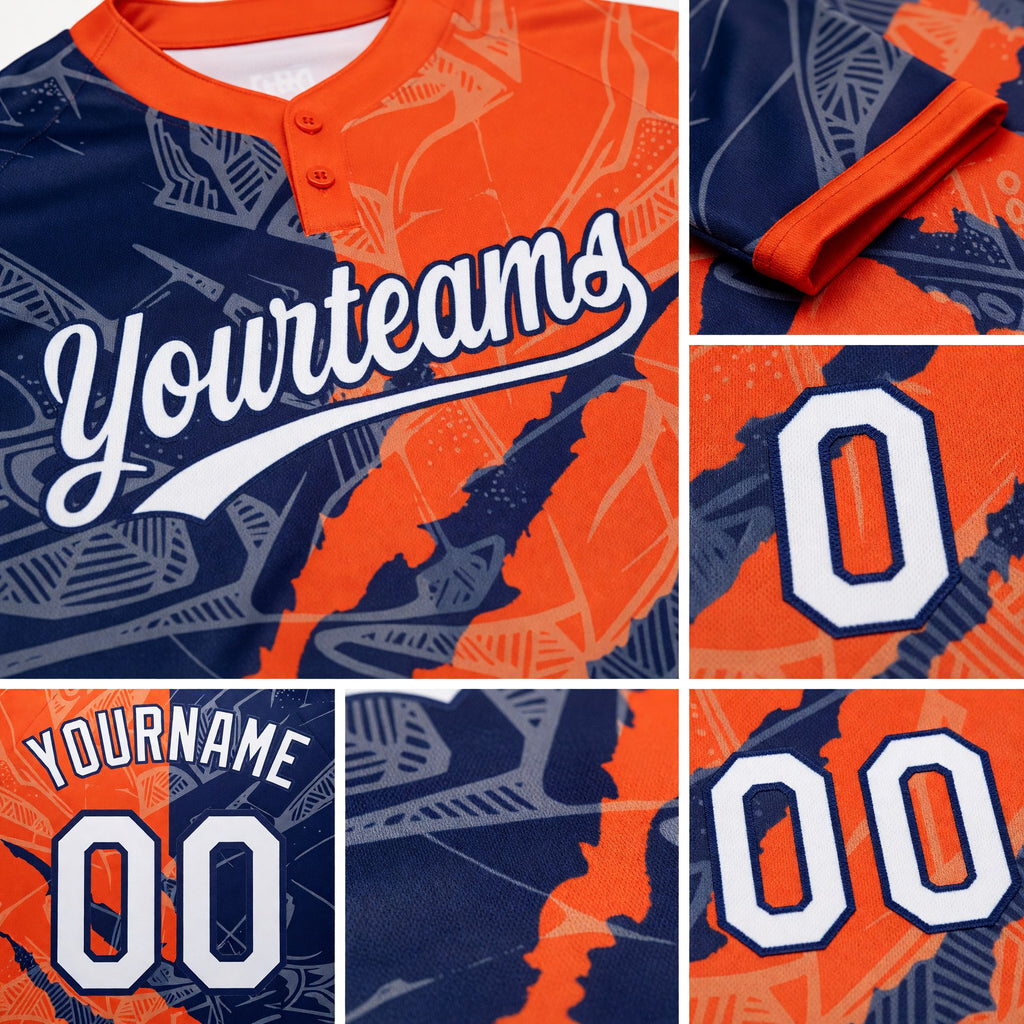 Custom Graffiti Pattern White Orange-Navy 3D Scratch Two-Button Unisex Softball Jersey detail