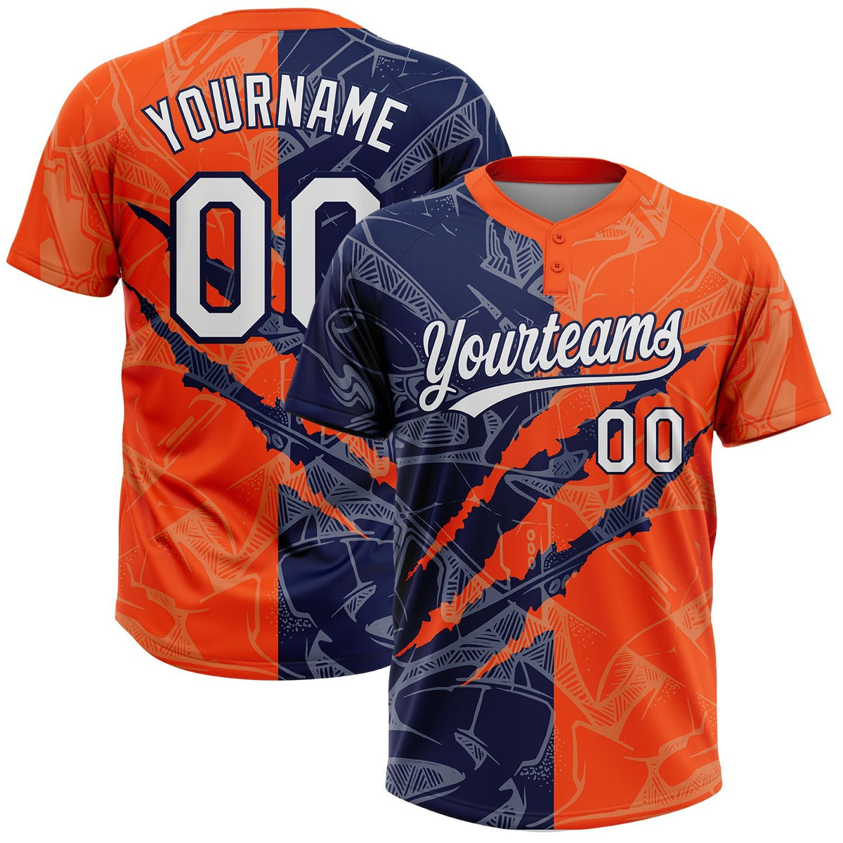 Custom Graffiti Pattern White Orange-Navy 3D Scratch Two-Button Unisex Softball Jersey photo 1