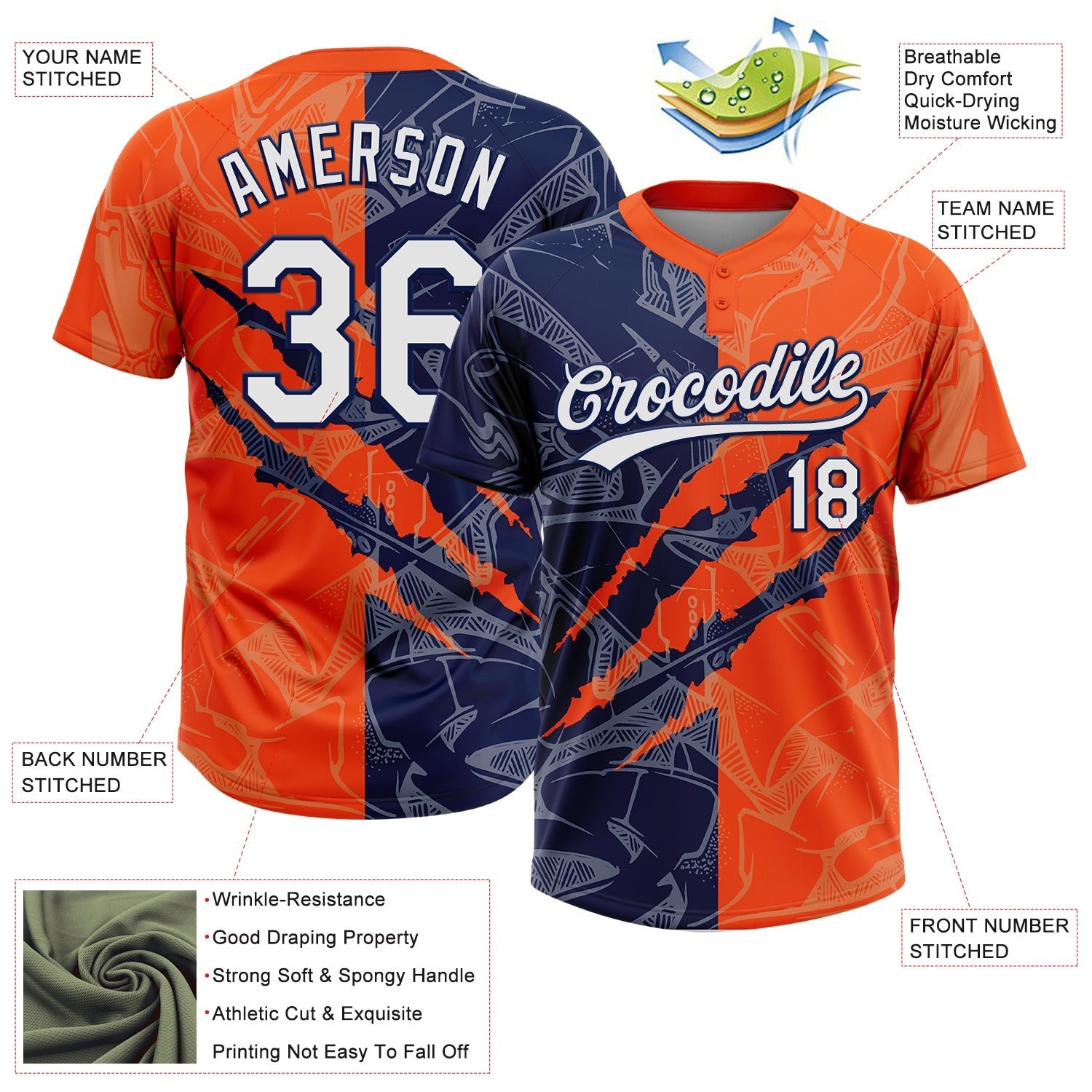 Custom Graffiti Pattern White Orange-Navy 3D Scratch Two-Button Unisex Softball Jersey photo 3