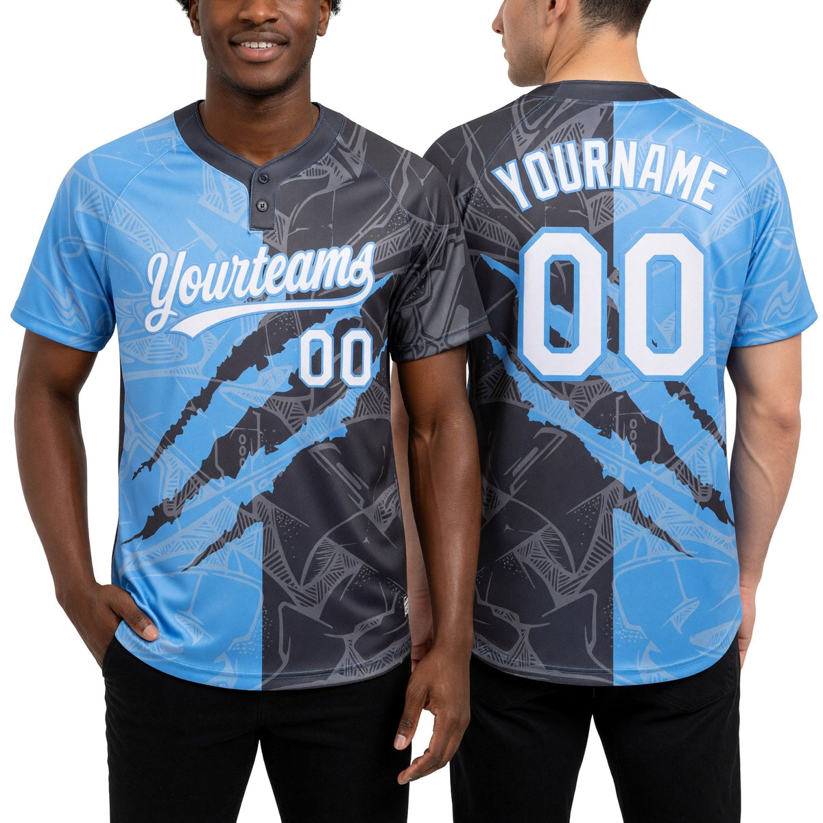 Custom Graffiti Pattern White Steel Gray-Light Blue 3D Scratch Two-Button Unisex Softball Jersey worn front and back