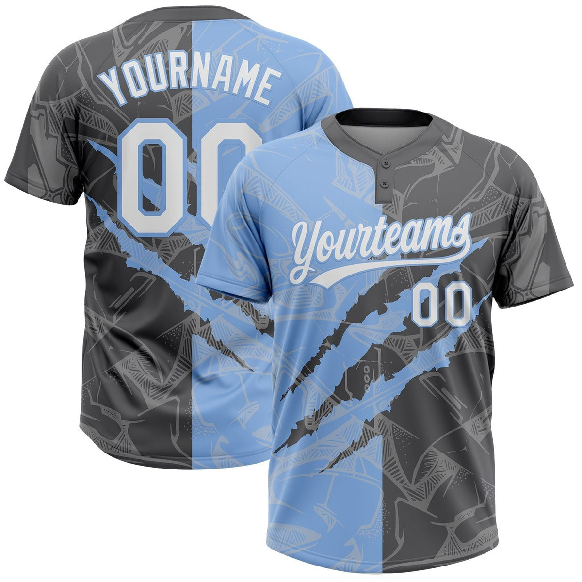 Custom Graffiti Pattern White Steel Gray-Light Blue 3D Scratch Two-Button Unisex Softball Jersey