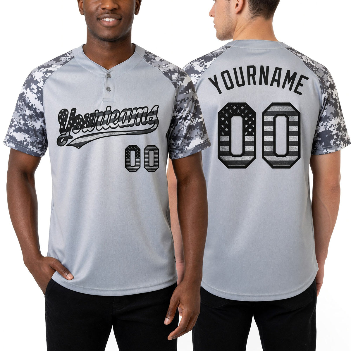 Custom Gray Vintage USA Flag-Black Salute To Service Camo Raglan Sleeves Two-Button Unisex Softball Jersey worn front and back