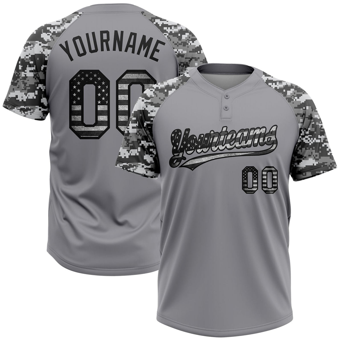 Custom Gray Vintage USA Flag-Black Salute To Service Camo Raglan Sleeves Two-Button Unisex Softball Jersey
