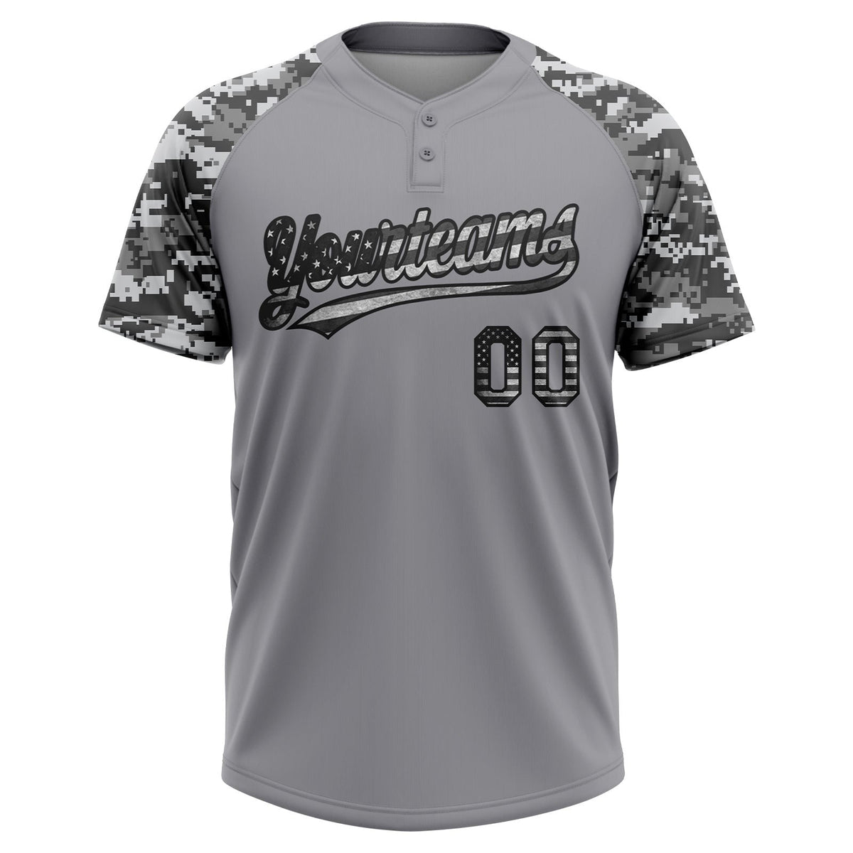 Custom Gray Vintage USA Flag-Black Salute To Service Camo Raglan Sleeves Two-Button Unisex Softball Jersey photo 2
