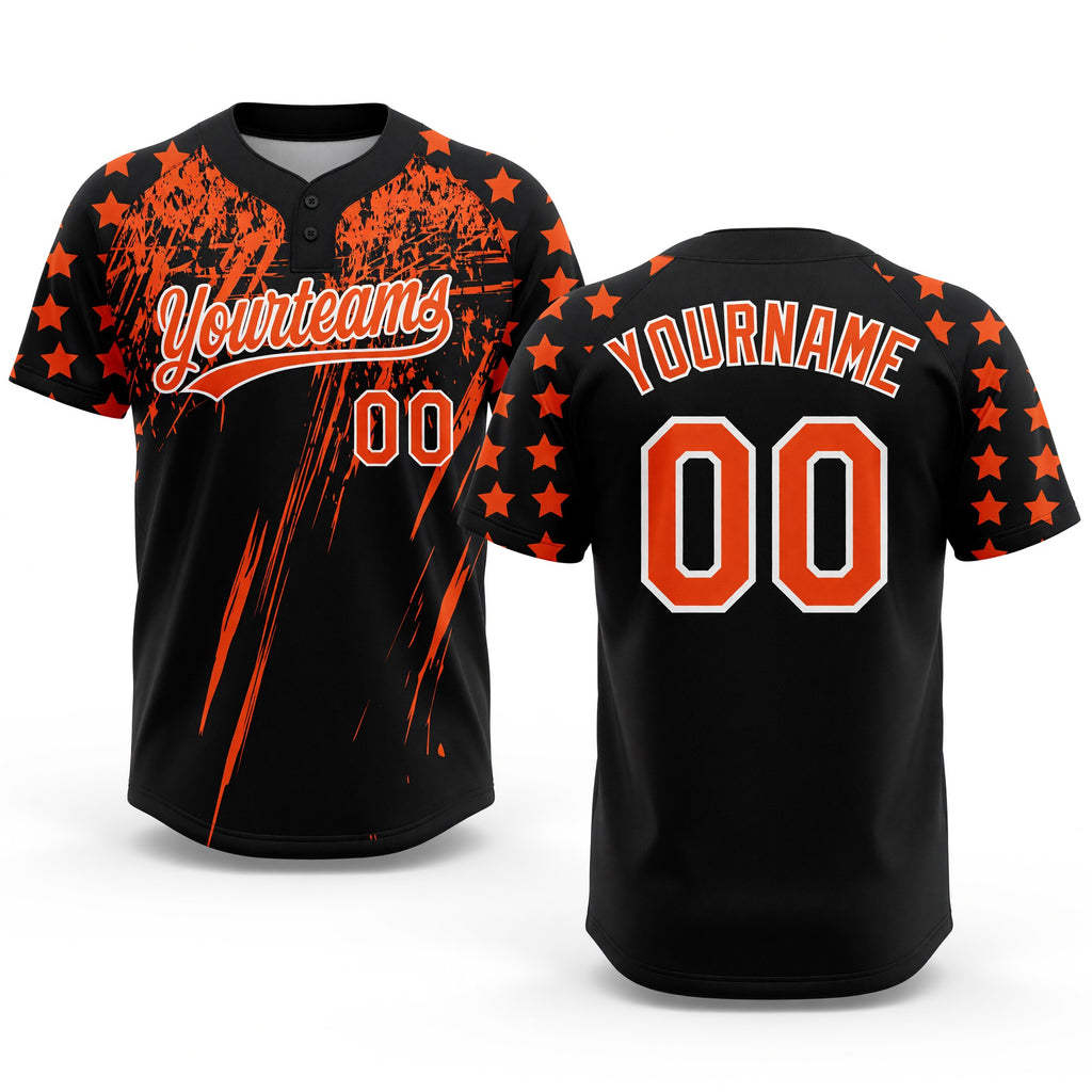Custom Black Orange-White Distressed Scratch Brush Stroke Star Raglan Sleeves Two-Button Unisex Softball Jersey