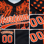 Custom Black Orange-White Distressed Scratch Brush Stroke Star Raglan Sleeves Two-Button Unisex Softball Jersey detail