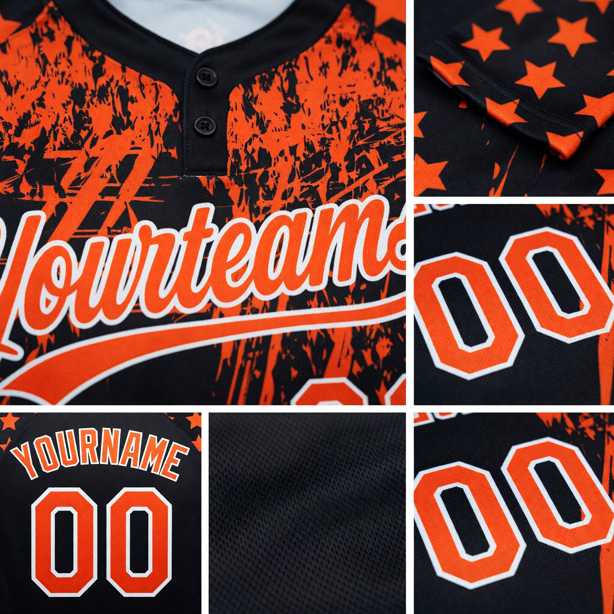 Custom Black Orange-White Distressed Scratch Brush Stroke Star Raglan Sleeves Two-Button Unisex Softball Jersey detail
