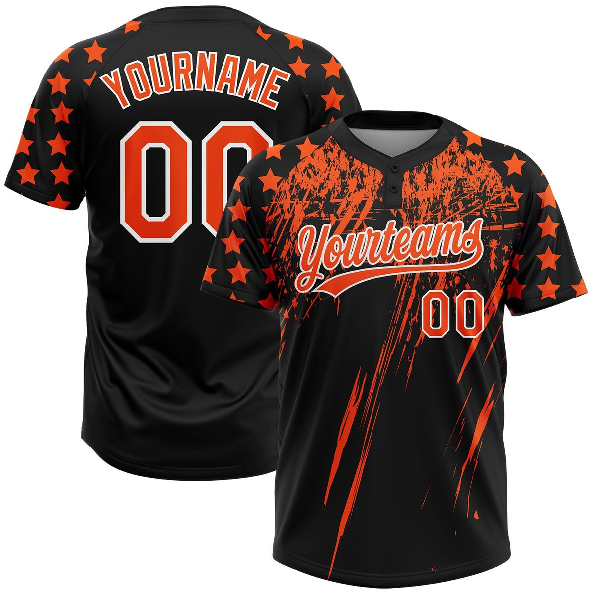 Custom Black Orange-White Distressed Scratch Brush Stroke Star Raglan Sleeves Two-Button Unisex Softball Jersey photo 1